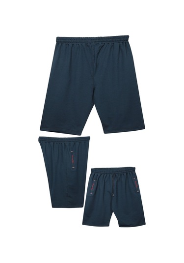 Büyük Beden 110 - 155 Kilo Arası İçin Uygun Bedenli Cepleri Nakış Detaylı Likralı Penye Erkek Şortu Lacivert