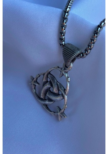 Ay Yıldız El İşçiliği Paslanmaz Çelik Zincir Erkek Kolye Gümüş