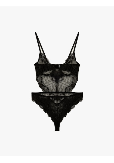 Koton V Yaka Askılı Dantelli Bodysuit Siyah 6wlk00005mk Siyah