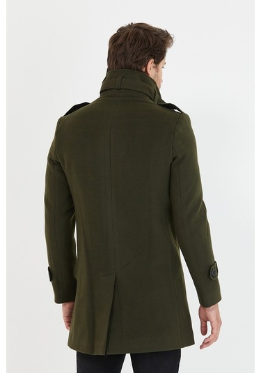 Erkek Haki Dar Kesim Dik Yaka Uzun Kaşe Kaban-Haki