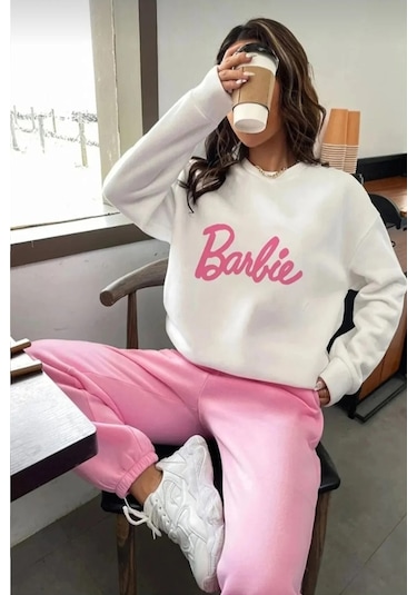 Modagen 3 Iplik Barbie Baskılı Oversize Bisiklet Yaka Sweatshirt Beyaz