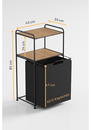 2 Katlı Çamaşır Sepeti Kirli Sepeti Ahşap Raflı Banyo Dolabı Banyo Düzenleyici Organizer Mat Siyah Mg100 Siyah
