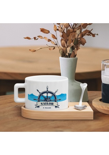 Bk Gift Kişiye Özel İsimli Denizci Tasarımlı-6, Ahşap Altlıklı Seramik Fincan, Meslek Hediyesi, Yeni İş Hediyesi Kobitmeyen137947 Bk Gift