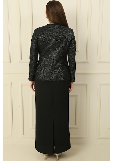 Yaka Taşlı Astarlı Uzun Krep Elbise Pullu Ceket Büyük Beden 2'li Takım-36241 Siyah