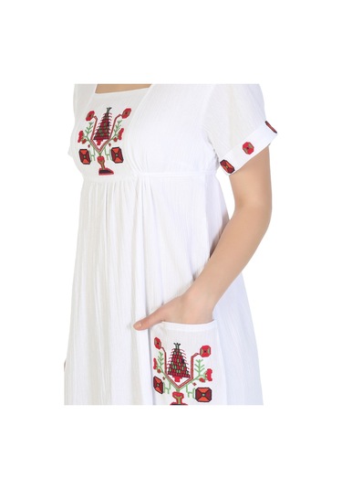 Kısa Kol Şile Bezi Melek Midi Boy Elbise Beyaz Byz Beyaz