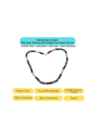 Sertifikalı Akrep Burcu 6mm 925 Ayar Gümüş Doğal Taş Kolye 55 Cm