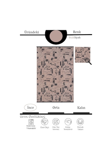 Çam Halı Bodrum Bdr 114 Bej Özel Latex Kaymaz Tabanlı Kilim
