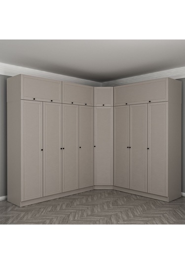 Kale 8 Kapaklı 4 Çekmeceli Köşe Dolap + Yüklük Kumtaşı Mebran Panjur 235cm Bej