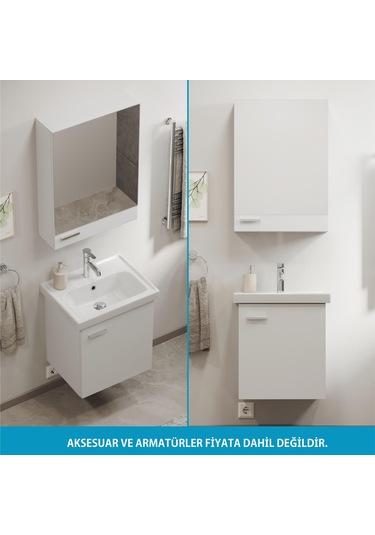 Aqua Bagno Basic Alt Dolap + Üst Dolap -lavabo Dahil-beyaz ,50 Cm. 3 Parça Beyaz