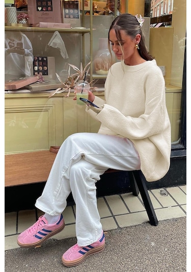 Madmext Madmext Bisiklet Yaka Oversize Triko Kazak MG1972 Ekru