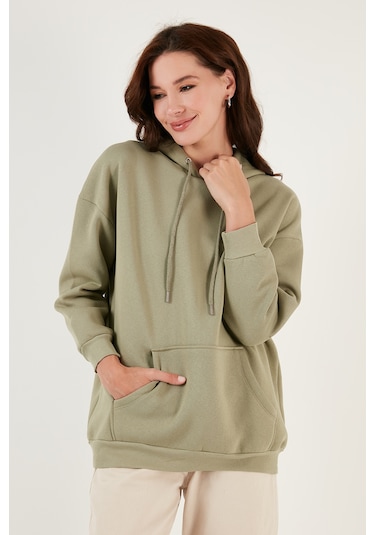 Lela Regular Fit Pamuklu Kapüşonlu Yaka Şardonlu Kışlık Bayan Sweat 5863854 Olive