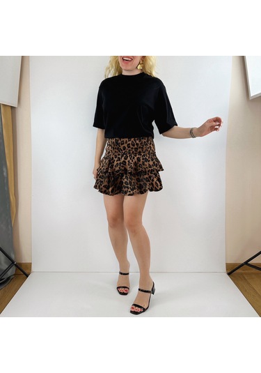 Modaonna Kat Detaylı Leopar Desen Saten Etek Kahverengi