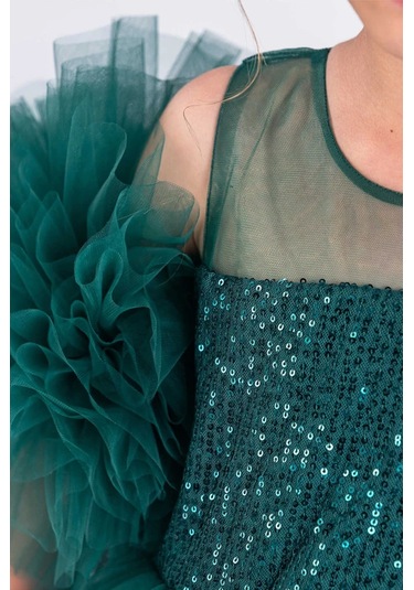 Kız Çocuk Abiye Elbise Ponpon Kol Pul Payetli Tütülü Yeşil