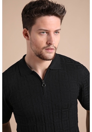Ferraro Siyah Polo Yaka Fermuarlı Erkek Pamuk Triko T-Shirt-Siyah (417942274) Siyah