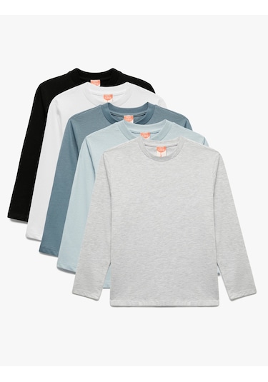 Koton Uzun Kollu Bisiklet Yaka Pamuklu 5'li Tişört Seti Gri 6wmb10179tk Gri