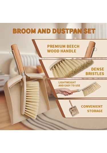 Sunshine011 Trash Can Set A Kompakt Süpürge Takımı Ahşap Saplı Toz Torbasız Yer Temizlik Seti