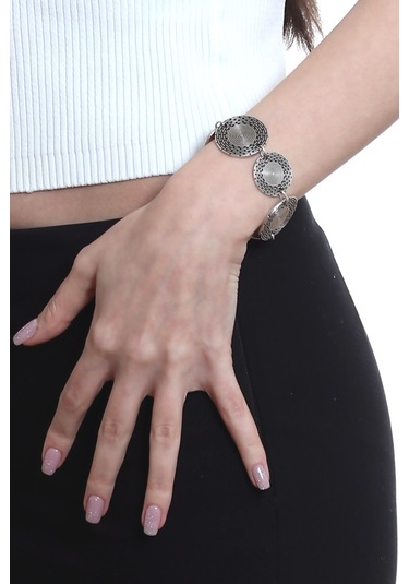 Labalaba Kadın Antik Gümüş Kaplama Ayarlanabilir Zincir Bağlantılı Kesikli Yuvarlak Dokulu Bileklik Gümüş