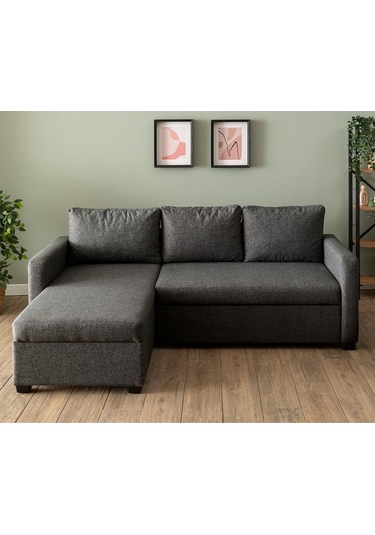 Pafu Kado Yataklı Köşe Koltuk Takımı - Keten Koyu Gri Koyu Gri