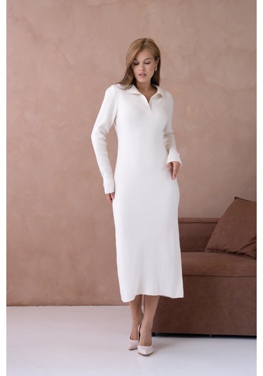 Kadın Polo Yaka Yamuşak Dokulu Maksi Boy Triko Elbise Taş