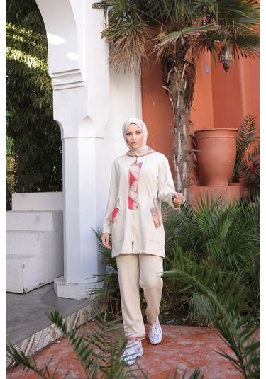 Tesettür Eşofman Takımı Fermuarlı Ikili Takım Kapüşonlu Krem 475 Krem