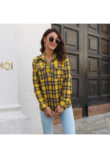 Gmxıa Kadın Modası Günlük Ekose Baskı Uzun Kollu Polo Yaka Bluzlar Ve Gömlekler Sarı