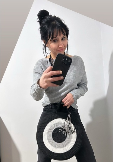 Hasır Çanta, Silindir Çanta, Tasarım Çanta, Silindir Siyah Nazar El Çantası Siyah - Gri - Bej