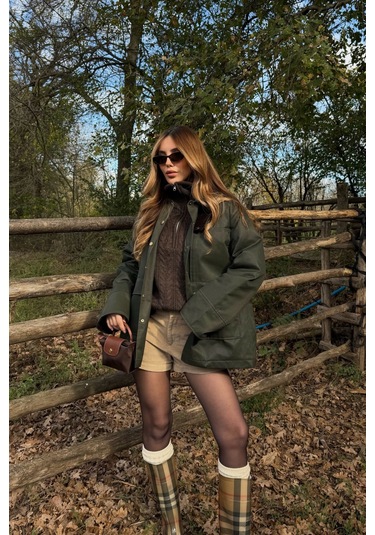 Haki Kadife Ek Yaka Detaylı Mont - 5132 Haki