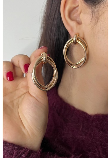 Gold Rose Kaplama İç İçe Geçmeli Oval Premium Çelik Küpe Gold