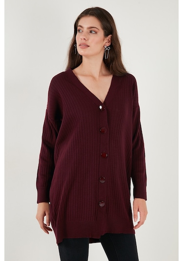Lela V Yaka Düğmeli Uzun Triko Bayan Hırka 4616040Y Bordo