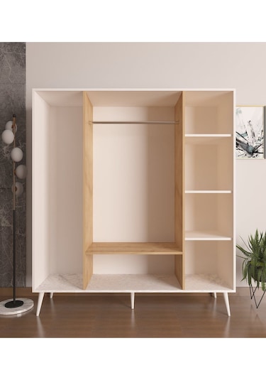 Floradesign Riva Elbise Dolabı 4 Kapaklı Çekmeceli Dolap Gardırop /meşe / Beyaz Meşe -beyaz