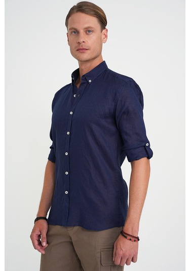 Comfort Fit Düğme Yaka Katlanır Kol %100 Keten Düz Lacivert Gömlek G 1595 Lacivert