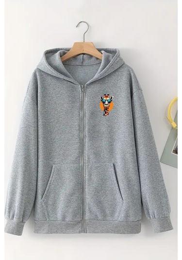 Unisex Gri Kapüşonlu Fermuarlı Hırka Zürafa Baskılı, Şardonlu Kalın Kumaş Gri
