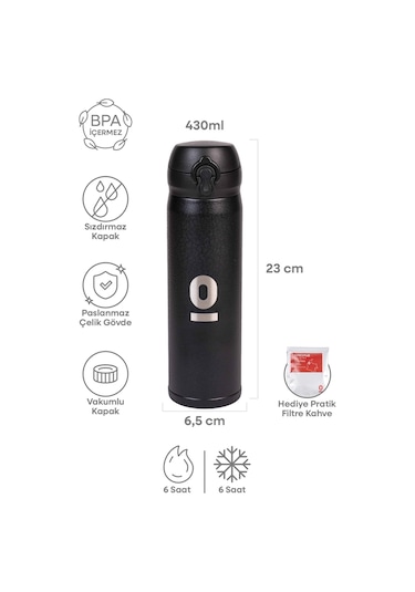 Siyah Dokulu Paslanmaz Çelik Termos 430 ML Kapaklı No:104