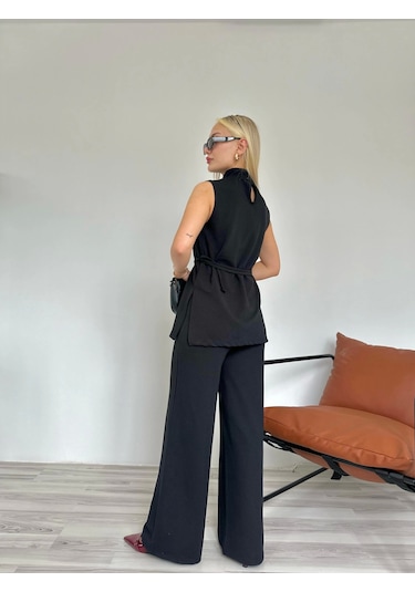 Keymoda Kadın Dik Yaka Bağcıklı Pantolon Takım Siyah Siyah