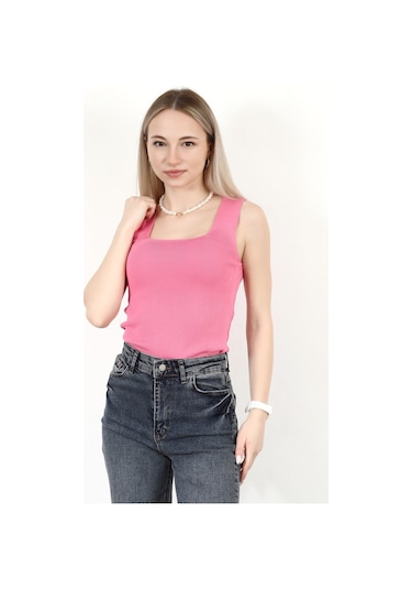 Giysa Kadın Kare Yaka Kalın Askılı Basic Triko Bluz Pembe - 2000