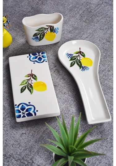 Piatti Naturali 3 Lü Mutfak Seti Limon Kaşık Altlığı Süngerlik Yağdanlık