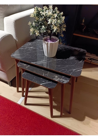 Modern Ahşap Zigon Sehpa Takımı Siyah Mermer