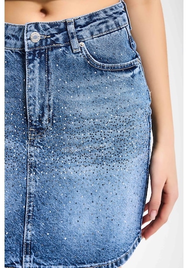 Itsbasic Kadın Mavi T2-4s6-4 Straight Fit Parlak Taşlı Özel Tasarım Mini Denim Etek
