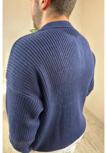 Erkek Lacivert Fermuarlı Polo Yaka Oversize Triko Kazak Lacivert