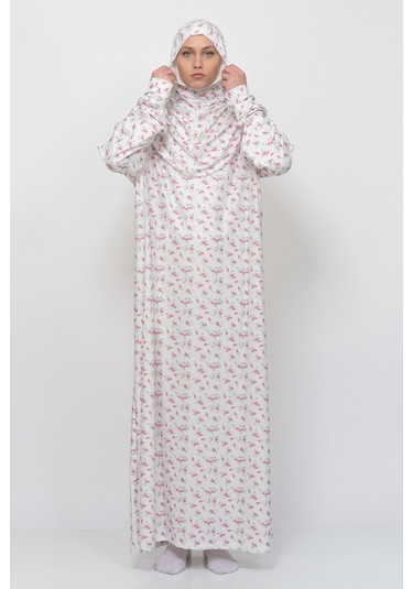 Pratik Tek Parça Çiçek Desenli Kollu Tak Çıkar Başörtülü Likralı Tesettür Namaz Elbisesi 990-0201 Pembe Antrasit