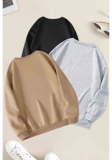 3'lu Paket Bej Gri Siyah Oversize Sweatshirt Siyah
