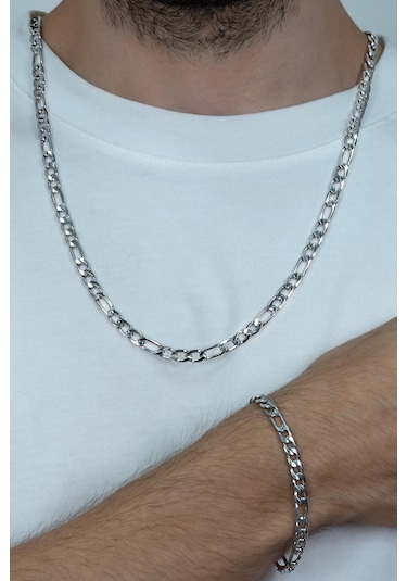 Figaro Erkek Çelik Kolye Bileklik Zincir Set Seçenekli Ack06T Beyaz