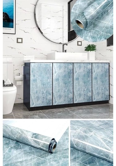 Mermer Desenli Masa Tezgah Mutfak Su Geçirmez Yapışkanlı Folyo Sticker Mavi 5x0,6m Diğer