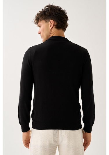 Fermuarlı Polo Yaka Kazak Siyah