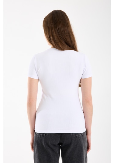 Hdm Kadın Esnek Fitilli Yakası Çıtçıtlı Beyaz Kısa Kol Basic Örme Bluz - H5993-55 Beyaz