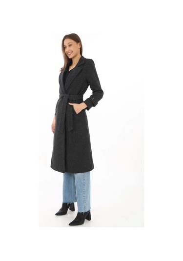 Astarlı Balık Sırtı Kaşmir Kaşe Kaban - Siyah Çok Renkli