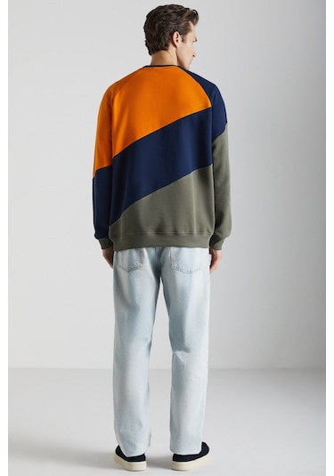 Colway Erkek Organik Pamuk Renk Bloklu Nakışlı Içi Polarlı Lacivert/haki/turuncu Sweatshirt