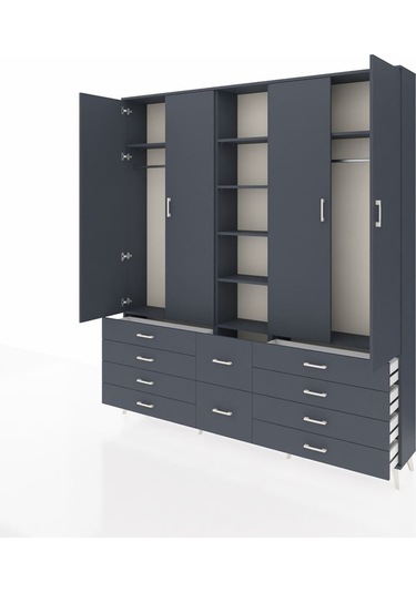 Arges Dolap 9 Raflı 10 Çekmeceli 2 Askılı 220x30x243 Antrasit-antrasit/antrasit Antrasıt/antrasıt