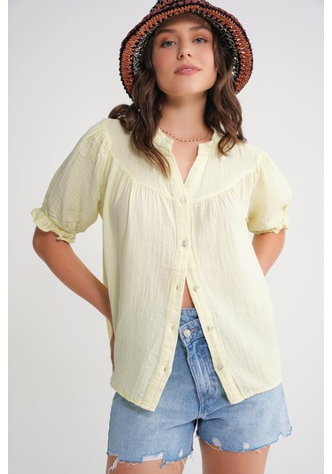 4725 Kadın Büzgü Robalı Kolu Fırfırlı Müslin Gömlek Pastel Sarısı Pastel Sarısı