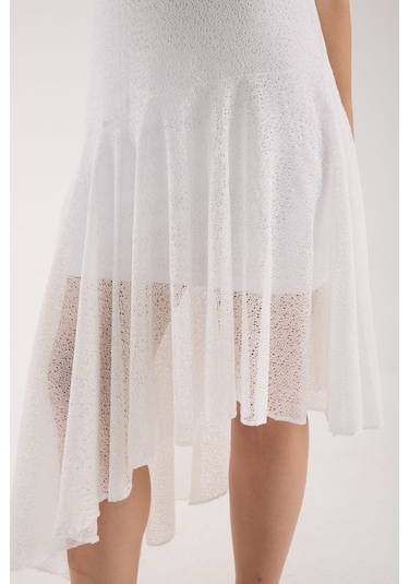 Eteği Volanlı Uzun Elbise Kırık Beyaz